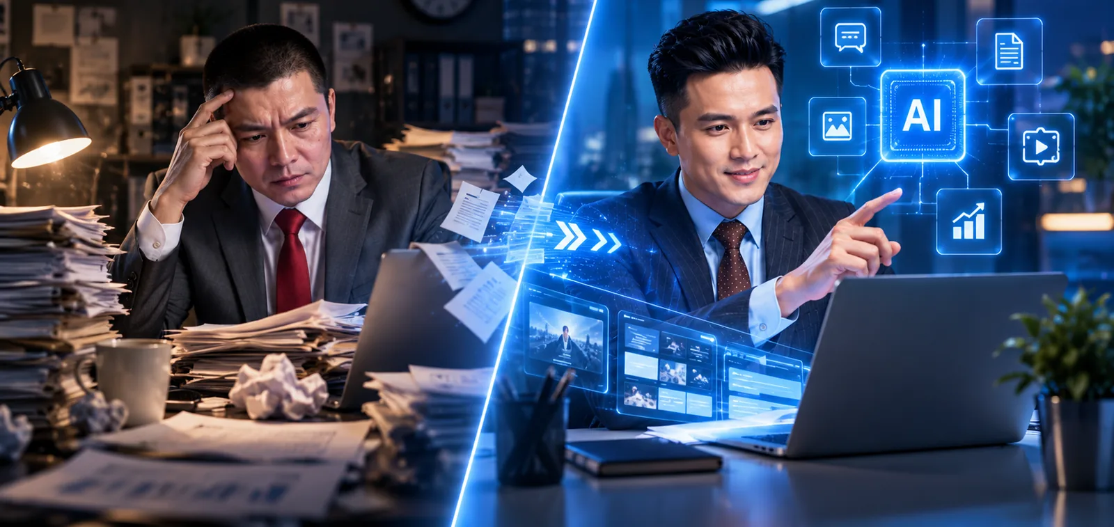 Bên trái: một mình ngập trong giấy tờ. Bên phải: làm việc cùng đội quân AI.